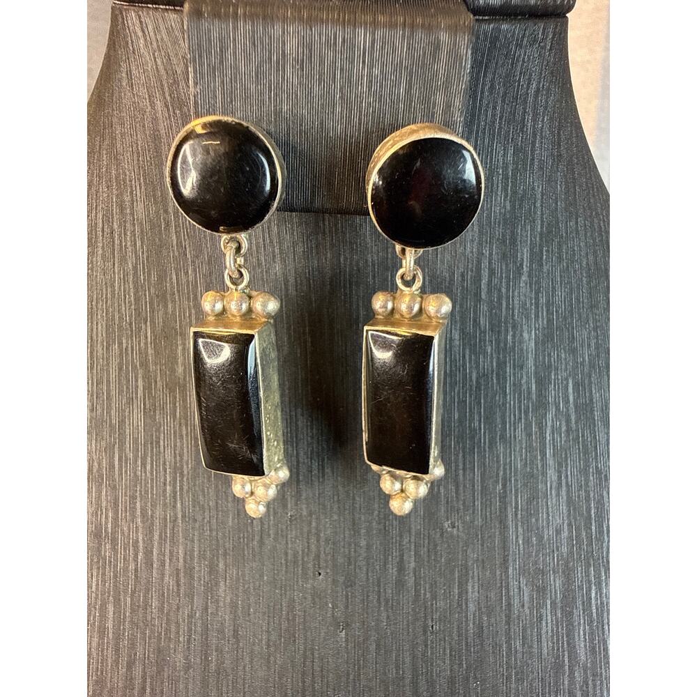 Vintage Sterling Silver and Black Stone Pierced Earrings